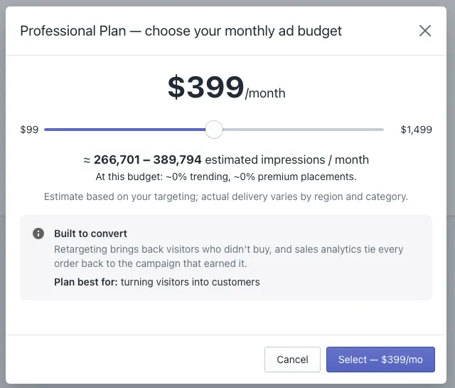 The budget window: a slider for the monthly budget and the estimated impressions per month