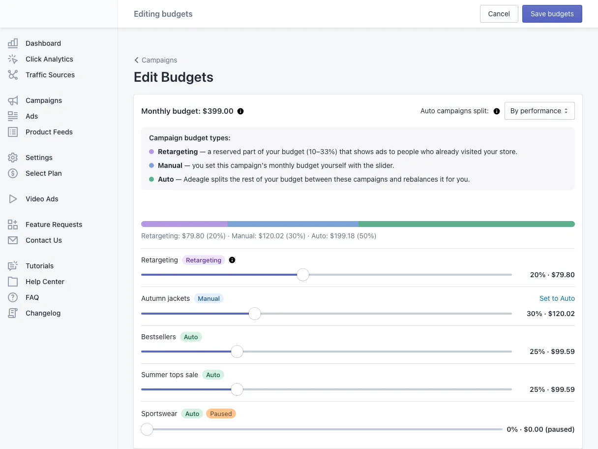 Edit Budgets: the monthly budget, the split mode and one slider per campaign
