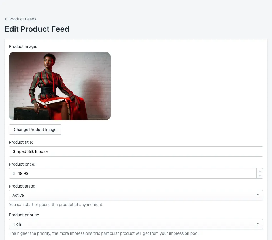 Edit Product Feed: product image, title, price, state and priority