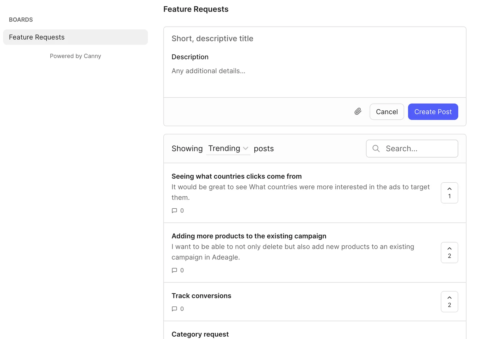 The Feature Requests board with merchant ideas and their votes