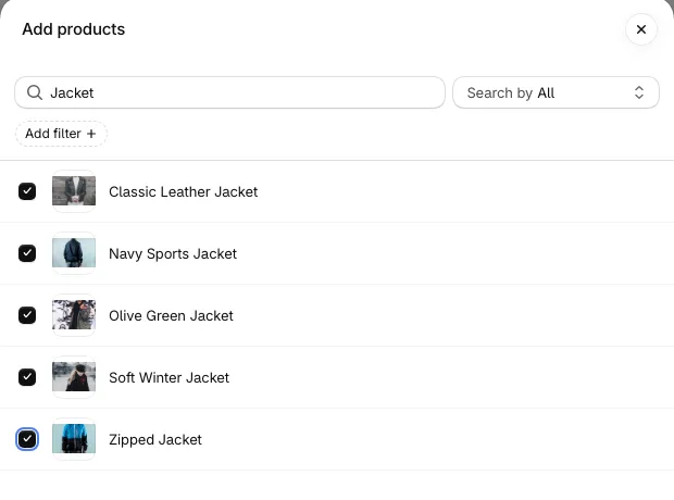 Shopify's product picker: five jackets selected for the campaign