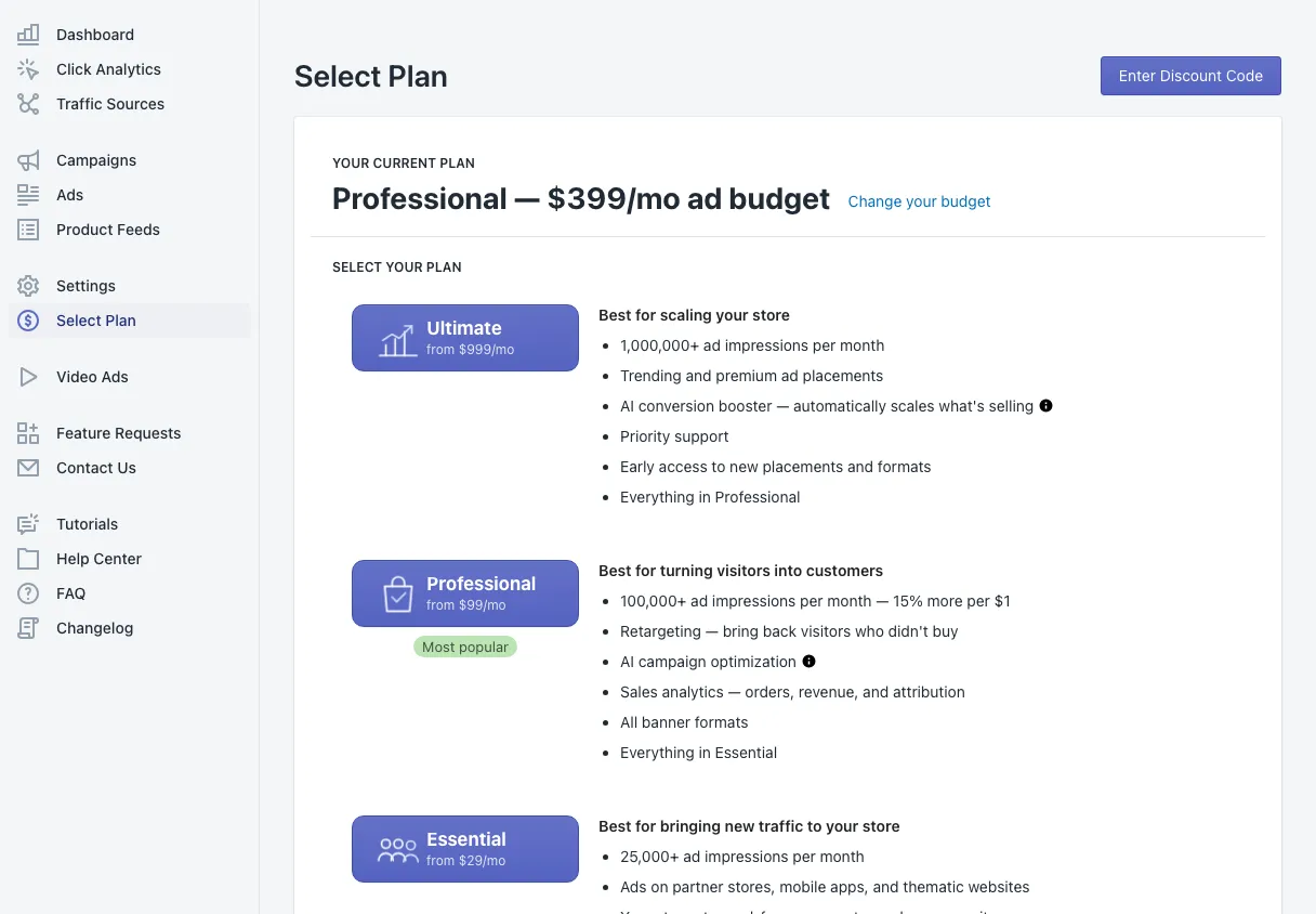 Select Plan: the current plan and budget, and the Ultimate, Professional and Essential plans with their features