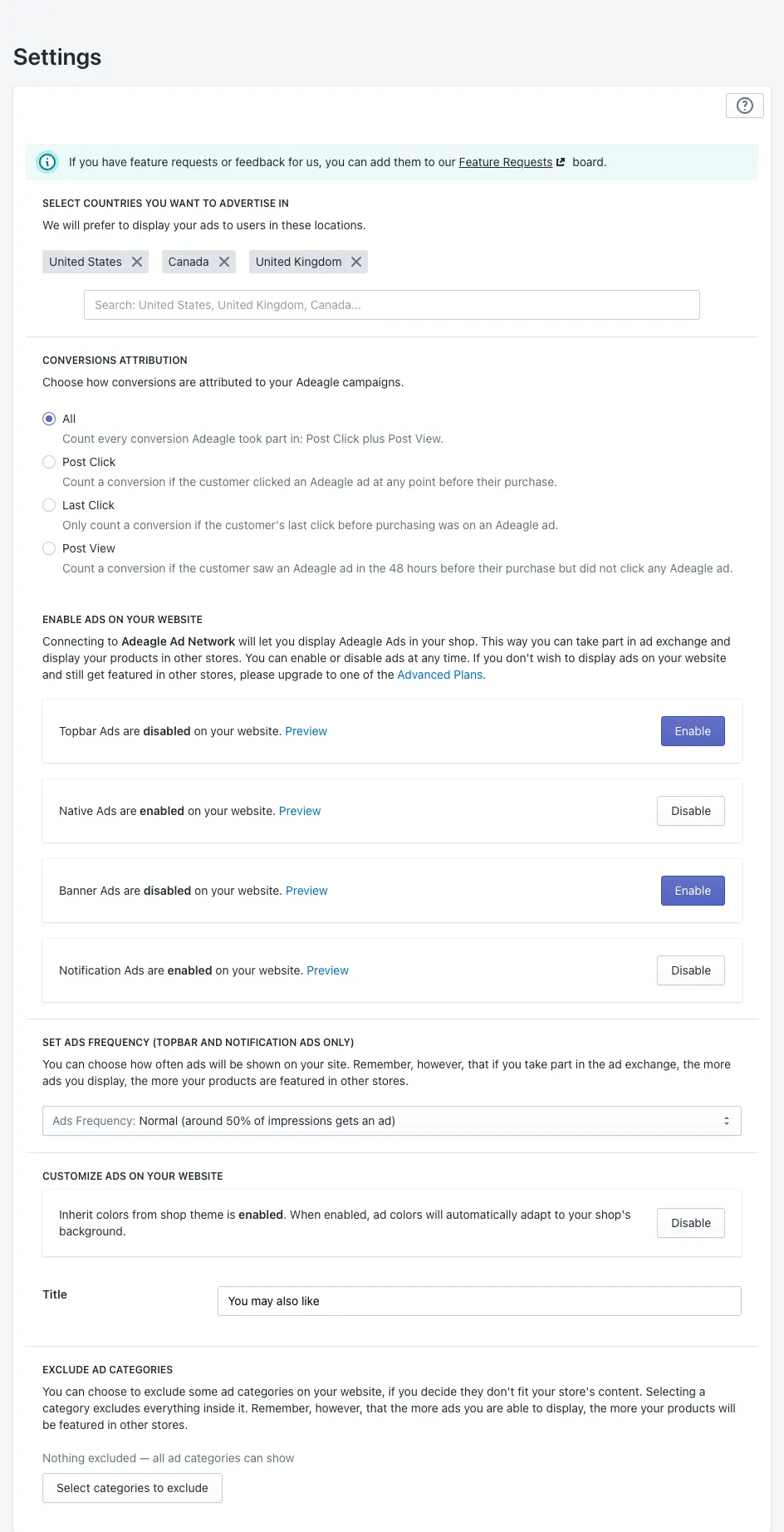 Settings on the free plan: ad formats, ad frequency, colours, block title and excluded categories