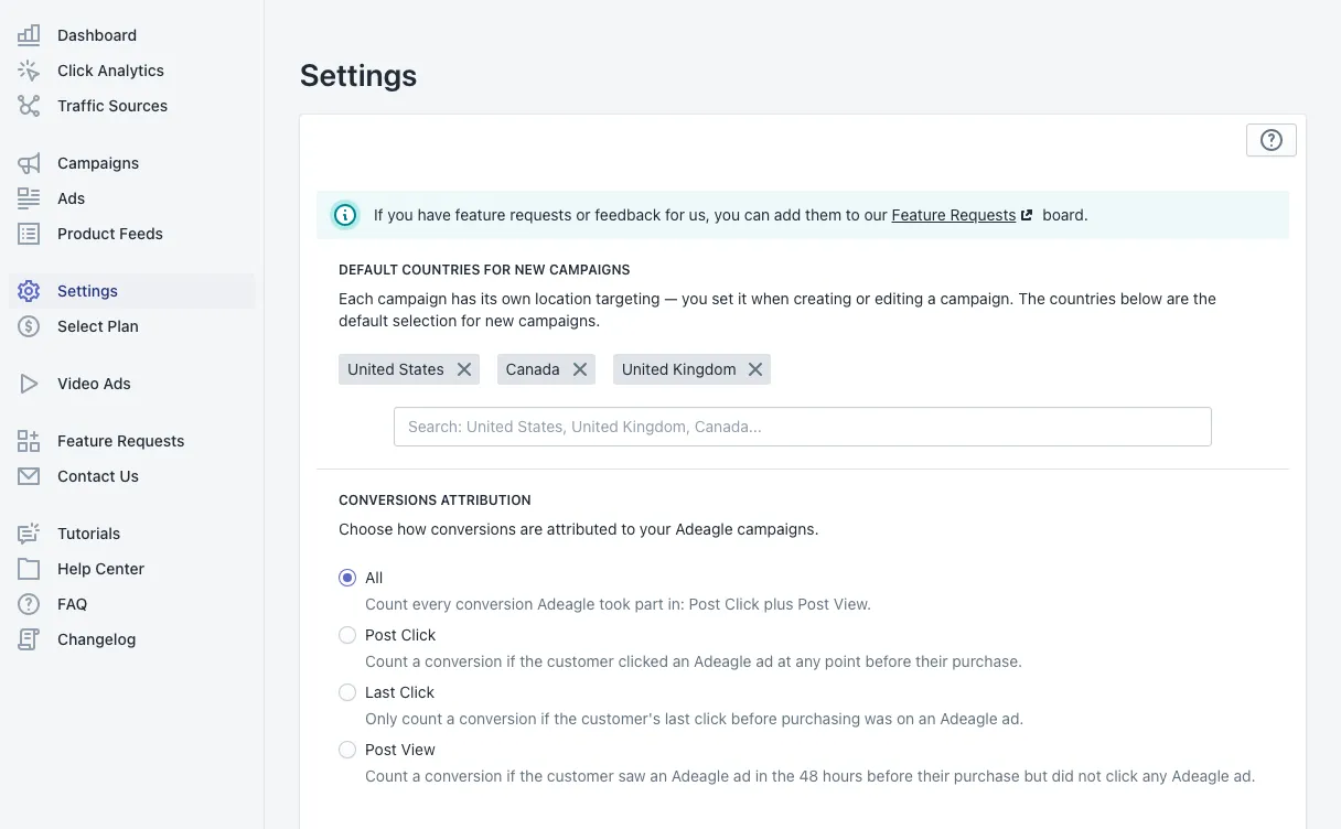 Settings: the default countries for new campaigns and the four conversion attribution options