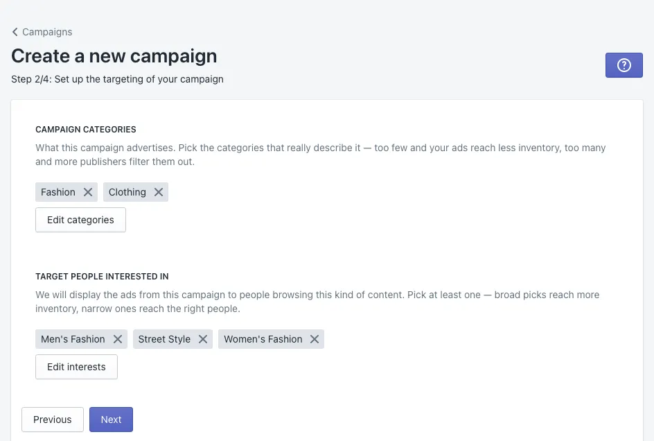 Step 2 done: two categories and three interests