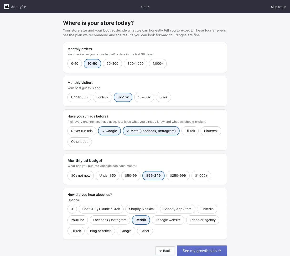 Screen 4 of the setup: monthly orders, monthly visitors, past ad channels and monthly ad budget
